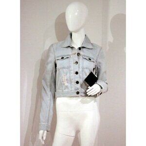 $200 GESTUZ Short JEANS Denim JACKET Cropped DISTRESS Torn RIP BLUE ( 36 )
